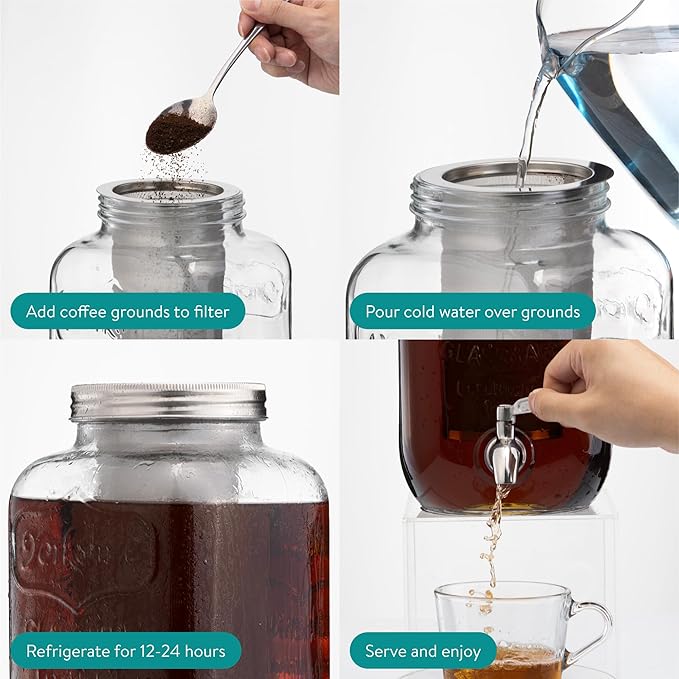 Navaris Cold Brew Coffee Maker - 1 Gallon(4L) Iced Coffee Maker with 18/8 Stainless Steel Leakproof Spigot Mason Jar Glass Drink Dispenser Beverage Dispenser with Filter