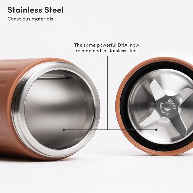 Beast Mini 600 Stainless Steel | Mini Countertop Kitchen Blender | Insulated Stainless Steel Vessel | Smoothies Shakes Dressings Sauces Dips | Portable Straw Caps and Lids | 600W (Terra)