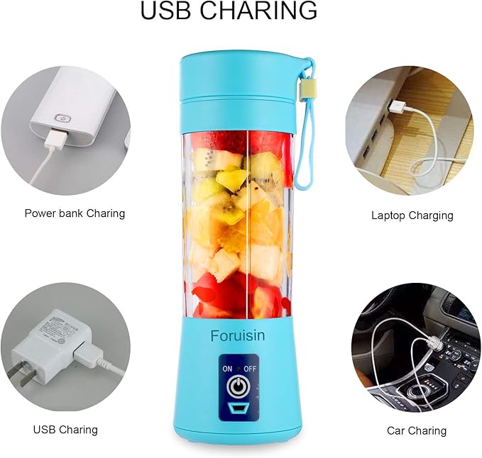Portable blender Personal 6 Blades Juicer Cup Household Fruit MixerWith Magnetic Secure Switch USB Charger Cable 380ML (Blue)