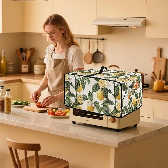 Convection Toaster Oven Cover with Storage Pockets Fits Machines Up to 18.5x14.5x9 Convection Toaster Oven Covers for Family Kitchen Essential Retro Lemon