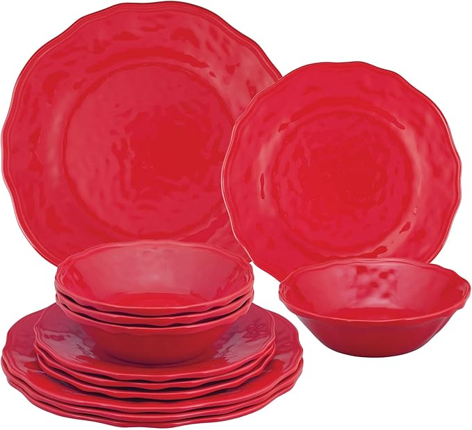 UPware 12 Piece Holiday Red Melamine Dinnerware Sets Outdoor Dishes Set Plates and Bowls Sets Christmas Decorations Service for 4 Red