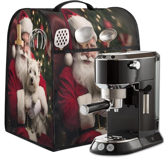 Kitchen Aid Mixer Cover Christmas Santa Puppy Stand Mixer Cover Compatible with 6-8 Quarts Stand Mixers Dust Covers with Zipper Pocket Foldable Washable Kitchen Aid Organizer Bag