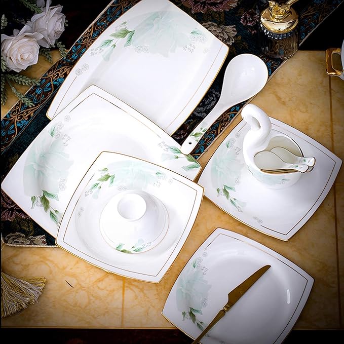 Kitchen Tableware SetCeramics Dinnerware Set 48 Pieces High-end Porcelain Dinner Sets with Soup Pot and Cereal Bowl Bone China Dishware Set for Wedding Banquet