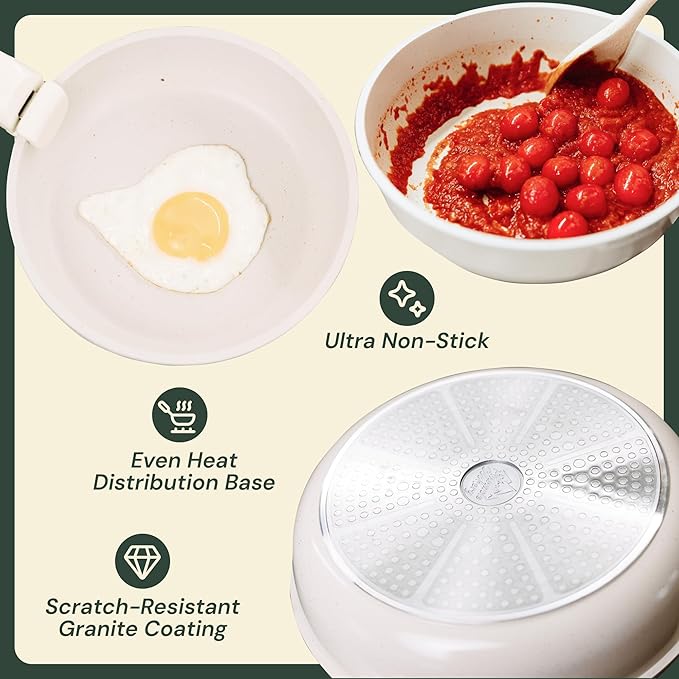 15-Piece White Granite Nonstick Cookware Set – Detachable Handles &amp Tempered Glass Lids – Stackable &amp Cool-Touch - Induction &amp Oven Safe to 480°F - Scratch-Resistant PFOA &amp PFOS-Free