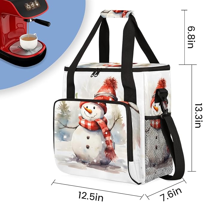 Xmas Snowman Coffee Maker Carrying Bag Oil Painting Snowman Travel Storage Bag Compatible with K-Mini or K-Mini Plus Single Serve Coffee Brewer Carrying Case with Multiple Pockets &amp Shoulder Str