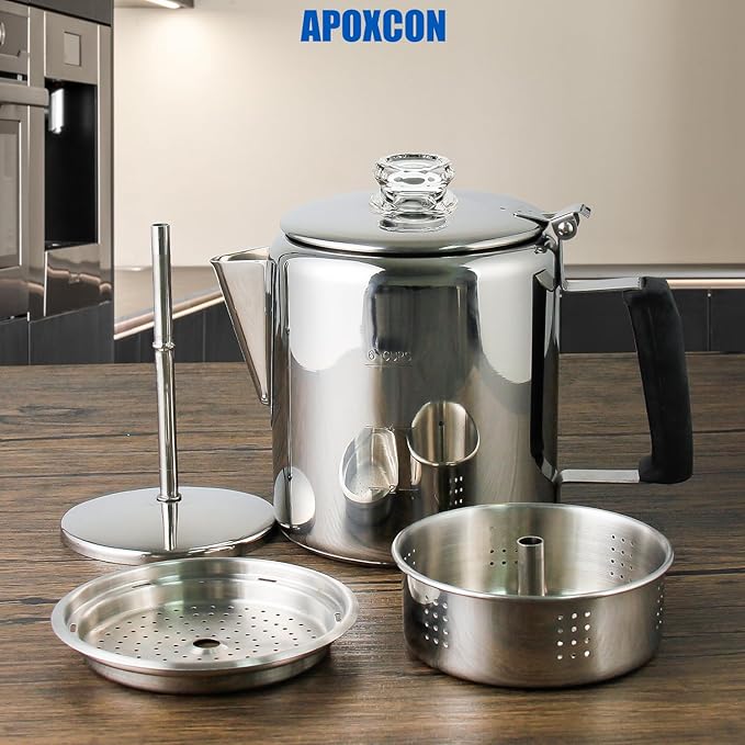 Multi Use Percolator Coffee Pot Stainless Steel Stove Top Coffee Maker with Two Tough Borosilicate Glass Knob Silica Handle Camping Coffee Pot Using on Campfire Stove &amp Induction Cooker Silver 6 C