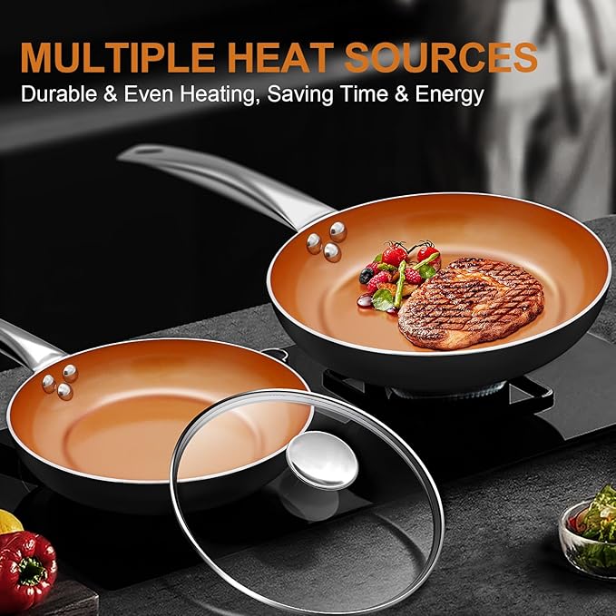 KOCH SYSTEME CS 8+11 Copper Ceramic Frying Pan Set Nonstick Oven Safe Cooper Cookware Set Induction Frying Pan Sets with Lids Aluminum Pan for Effortless Cooking All Stoves Compatible