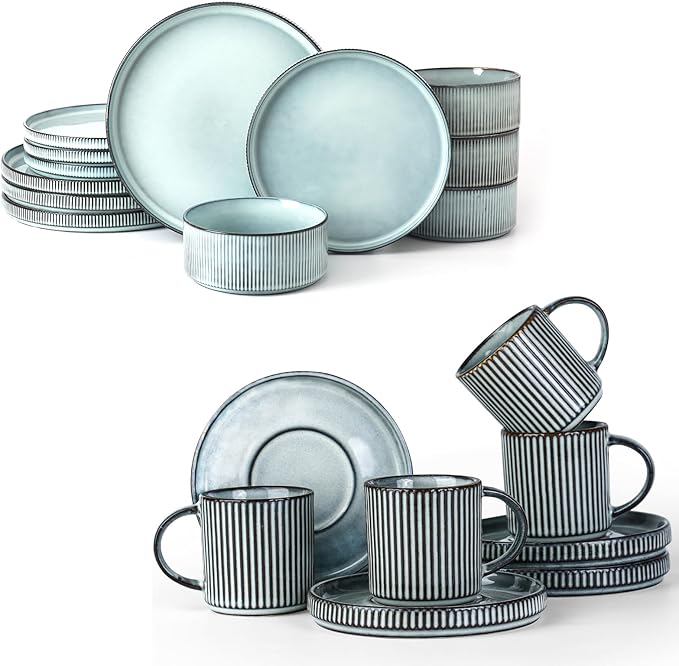 Famiware Star Dinnerware Set and Coffee Mugs Set Service for 4 (16 Pieces) - Stoneware Dinnerware Dishes Smoky Blue