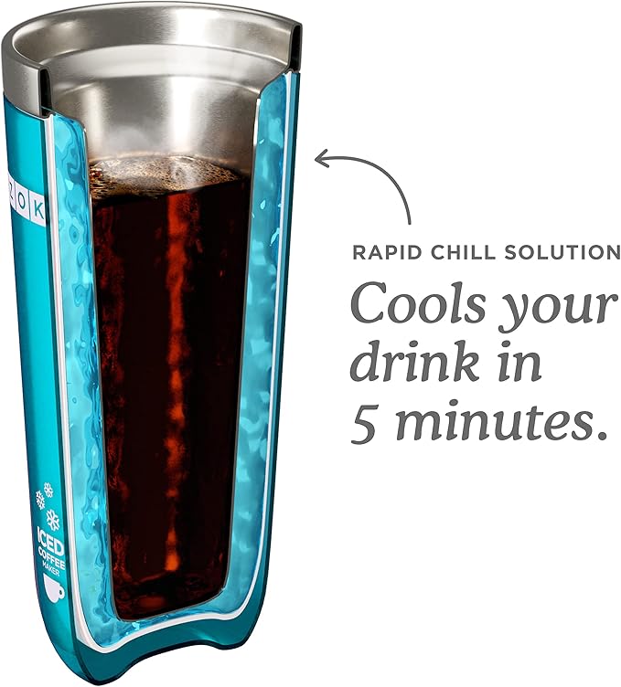 Zoku Instant Iced Coffee Maker Reusable Beverage Chiller Cools Hot Beverages in Minutes Without Dilution Portable 11-ounce Tumbler With Spill-resistant Lid and Straw Teal