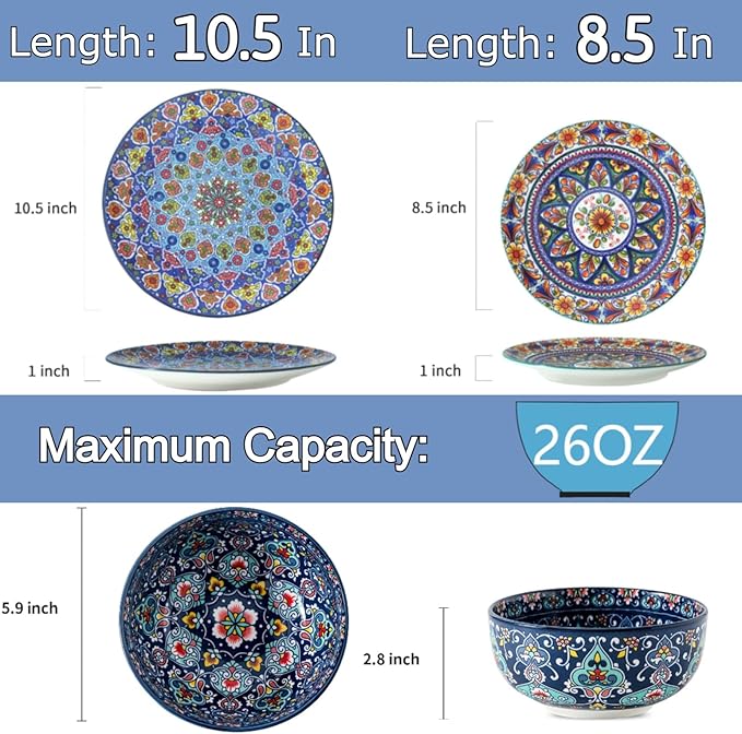 glowworm Bohemian Dinnerware Sets Ceramic Dishes Set for 4 12 Pieces Plates and Bowls Set Oven Microwave &amp Dishwasher Safe Scratch Resistant