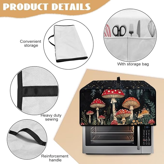 Doojoayie Black Toaster Cover 8 Slice Universal Fit Small Appliance Covers with Top Handle Design Mushroom Print Kitchen Decoration Gift for Mother Wife or Anyone Who Loves to Cook