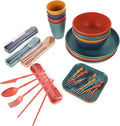 Wheat Straw Dinnerware Set with Lightweight Unbreakable Plates Bowls Cups and Cutlery Reusable Picnic Tableware Kit for Outdoor Camping and Home Dining Random Color