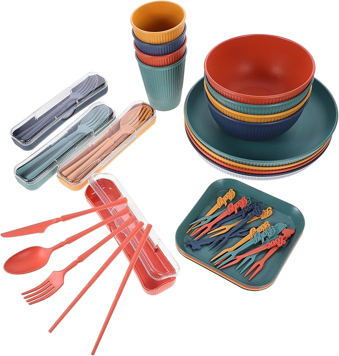 Wheat Straw Dinnerware Set with Lightweight Unbreakable Plates Bowls Cups and Cutlery Reusable Picnic Tableware Kit for Outdoor Camping and Home Dining Random Color
