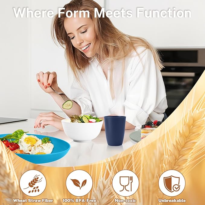 Wheat Straw Dishes Sets for 8 Reusable Plastic Dinnerware Sets 32-Piece Plates Set Bowls Set Tumblers Microwave Safe Plate and Bowl Set for DinnerKitchen Camping - Island Series