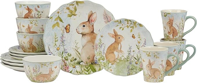 Easter Meadow 16-Piece Ceramic Dinnerware SetService for 4 – Bunny &amp Floral Design Perfect for Easter Spring Holiday Dining – Durable Microwave &amp Dishwasher Safe