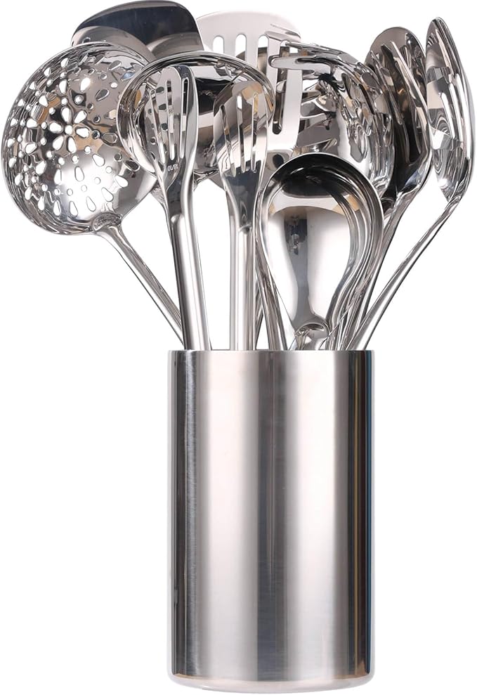 18/10 Stainless Steel Kitchen Utensils Set with Holder - 15″ Spatula Spoon Set with Storage Organizer for Countertop Fork Tongs Spatula Ladle Skimmer Turner Spaghetti Large Spoon Set of 12