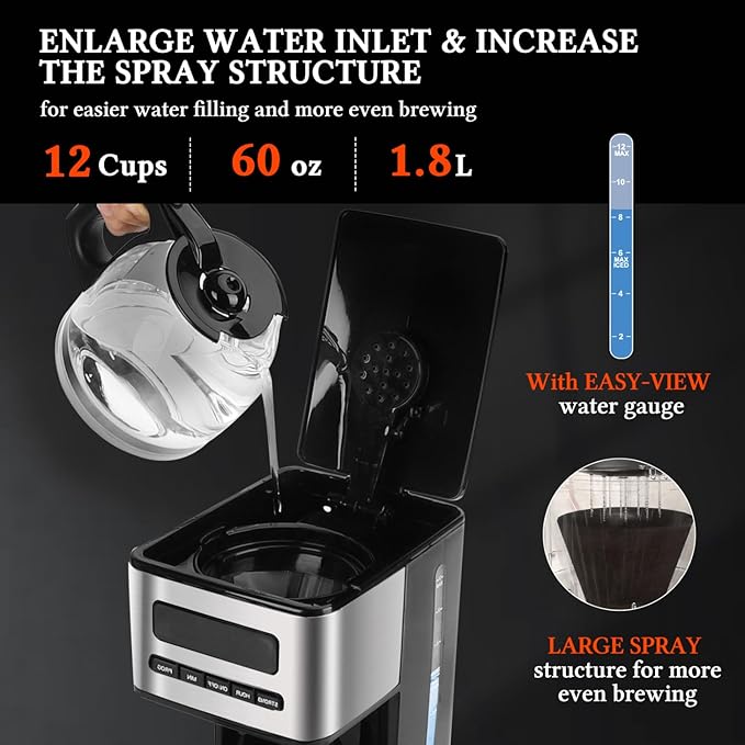 Taylor Swoden Programmable Coffee Makers 12 Cup Hot and Iced Coffee Maker 4 Brew Strength LED Display 24H Timer Keep Warm&ampAuto Shutoff- Drip Coffee Machine for Home/Office Black &ampStainle