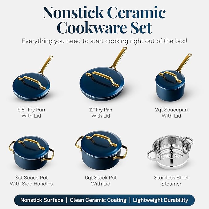 Gotham Steel Modern 11 Pc Ceramic Cookware Set Elegantly Designed Pots and Pans Set Non Stick with Steamer Induction Bottom Premium Stay Cool Handles Non Toxic PFOA Free Oven &amp Dishwasher Saf