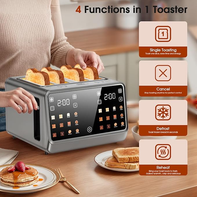 4 Slice Toaster Wide Slot– Dual Digital TouchScreen &amp Independent Control Panel | Single-Slice Modes/Reheat/Defrost | 1800W Stainless Steel Toaster for Bagels &amp Artisan Bread