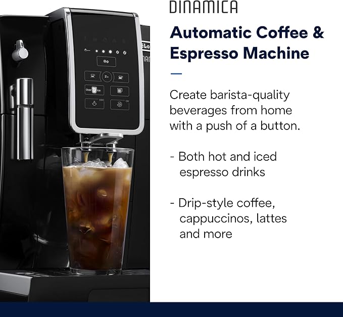 De'Longhi Dinamica Espresso Machine Black - Automatic Bean-to-Cup Brewing Built-In Steel Burr Grinder &amp Manual Frother - One-Touch Hot &amp Iced Coffee - Easy Cleanup