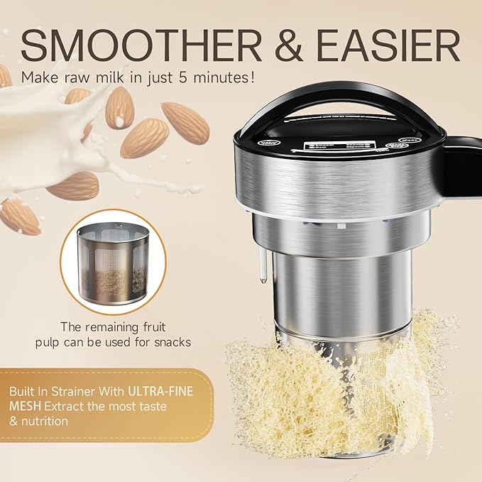 304 Stainless Steel Almond Milk Maker Machine (Built-in Filter) 50oz 6-7 Cups Per Batch 8-IN-1 Cooking Blender Make Plant Based Nut Milk Soy Oat Milk Soup &amp Juice Automatic Cleaning (Silvery)