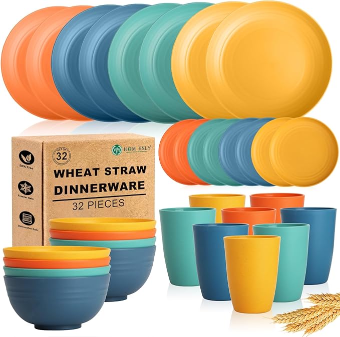 Homienly 52 PCS Premium Wheat Straw Dinnerware Sets Reusable Plates and Bowls Sets for Kitchen Lightweight and Unbreakable Dishwasher and Microwave Safe Dishes Set - Orange
