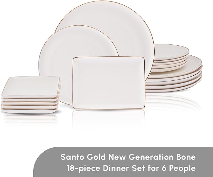 Karaca Santo Gold New Bone 18-Piece Dinner Set for 6 People - 18-Piece Crockery Set with Plates and Bowls Set New Generation Bone China Round Dinnerware Set &amp White Gold Dinner Set