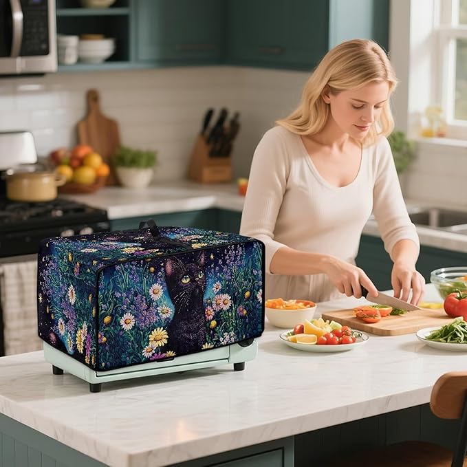 Doojoayie Black Cat Toaster Oven Cover Universal Fit Kitchen Appliance Dust Protector 8 Slice Toaster Cover Polyester Fabric Kitchen Appliance Dustproof Protector