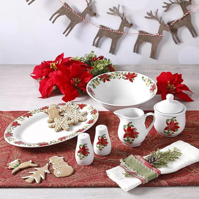 Poinsettia 7 Piece Porcelain Serving Set in Red – Christmas Dinnerware with Holiday Plates Creamer &amp Sugar Bowl Microwave &amp Dishwasher Safe