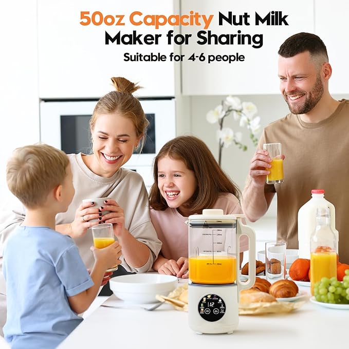 8-in-1 Nut Milk Maker Machine 50oz Glass Soy Almond Oat Milk Maker with 20 Blades Delay Timer Constant Temperature Self-Cleaning Overheat Protection Recipe Included