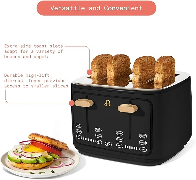 4 Slice Toaster with Touch Control Panel 1800W Fast Heating 7 Toast Shade Levels Extra Wide Slots for Bagels Removable Crumb Tray (Black Sesame)