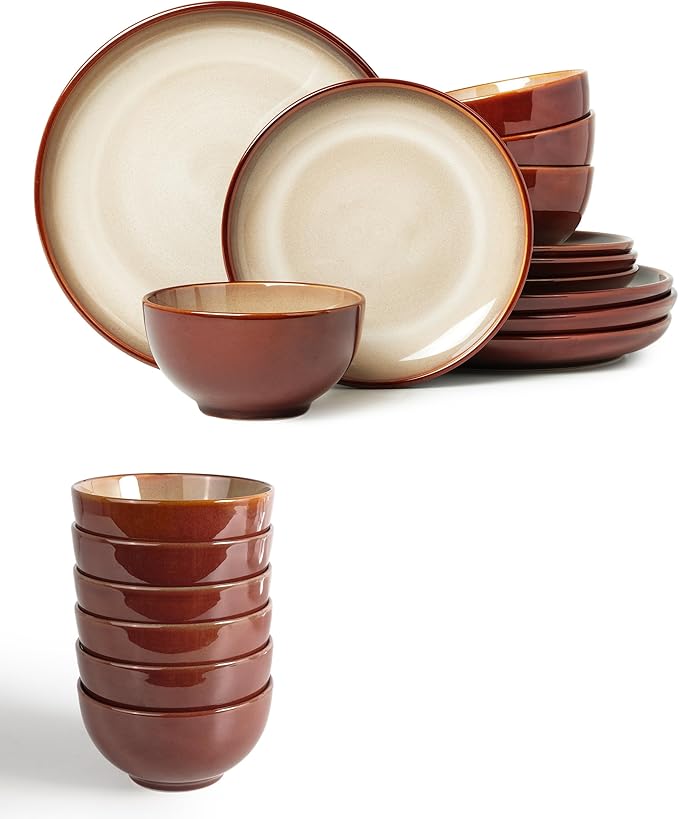 12 Piece Dinnerware Set Includes 6 Piece Cereal Bowl Set Combo Brown Yellow