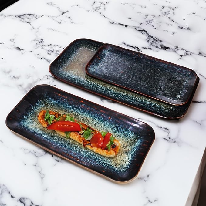 Porcelain Dinner Plates Platters Set of 2 for Fruit dessert snack platter Bread cupcake Salad - Microwave Dishwasher Safe Scratch Resistant durable Black Reactive glaze