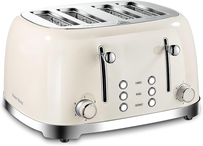 4 Slice Toaster Roter Mond Retro Stainless Steel with Bagel Defrost Cancel Function 6 Browning Settings Extre Wide Slot and Removable Crumb Tray Cream ST033
