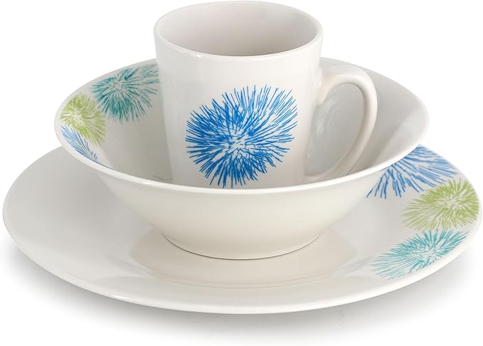 Gibson Home Blue Meadow 12 Piece Fine Ceramic Dinnerware Set in White with Colored Accents