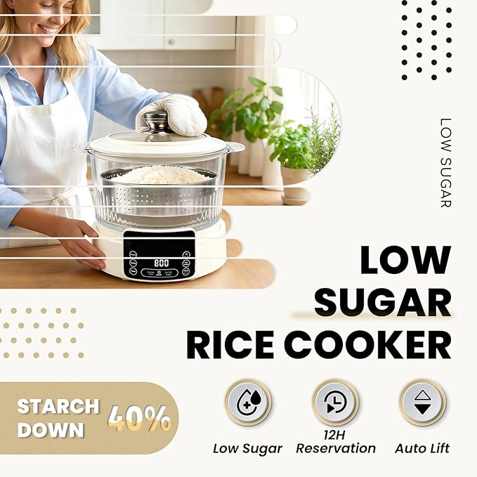 Low Carb Rice Cooker Multifunction Smart Rice Cooker Transparent and Visible food Steamer with Auto Lift Filter Basket (3L)
