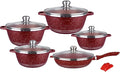 10-Piece Nonstick Granite Cookware Set Marble Coated Aluminum Pots &amp Pans with Glass Lids Includes Frying Pan Saucepans Stock Pot - Maroon Kitchen Essentials