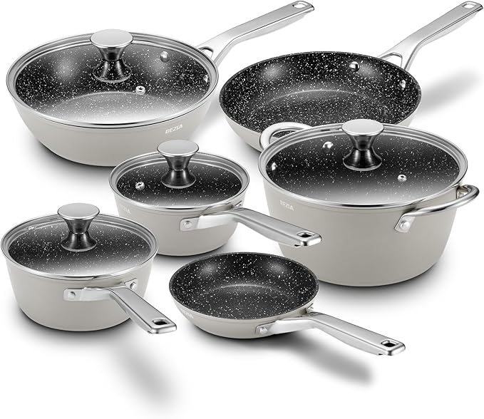 Induction Cookware Nonstick BEZIA Pots and Pans Set for Induction Cooktop Compatible with All Stoves Dishwasher Safe Kitchen Cooking Pan Set with Frying Pans Saucepans &amp Stockpot 10-Piece (Gr