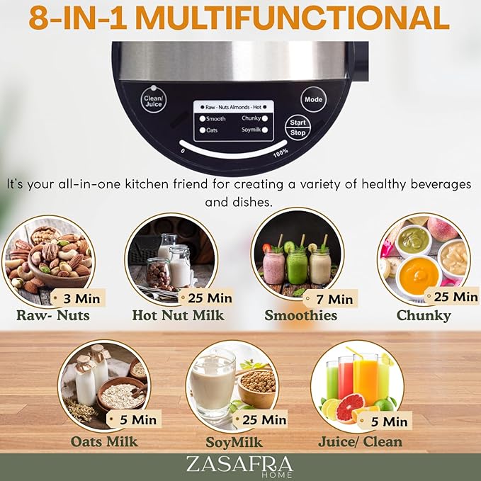Nut Milk Maker Machine 50oz/1.5L Stainless Steel (Built-In StrainerNo Mesh Bags) 8-IN-1 Cooking Blender 6-7 Cups Per Batch Oat Almondmilk Maker &amp Soymilk Maker Creamy Plant-Based Milks &amp