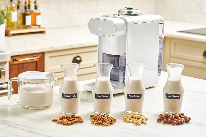ChefWave Milkmade Soy Milk Maker (Silver/White) 6-in-1 Vegan Plant-Based Milk Machine with Auto Clean and Delay Start Almond Oat Soy Cashew Coconut Macadamia Milk Maker with Nut Platter