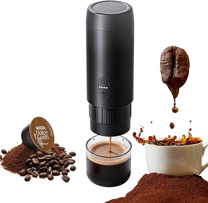 Portable Espresso Maker 20Bar Pressure &amp Up to 60 Cups per Charge Battery Operated Portable Coffee Maker Works with Ground Coffee &amp Capsules for Camping Car Travel and Office Use.