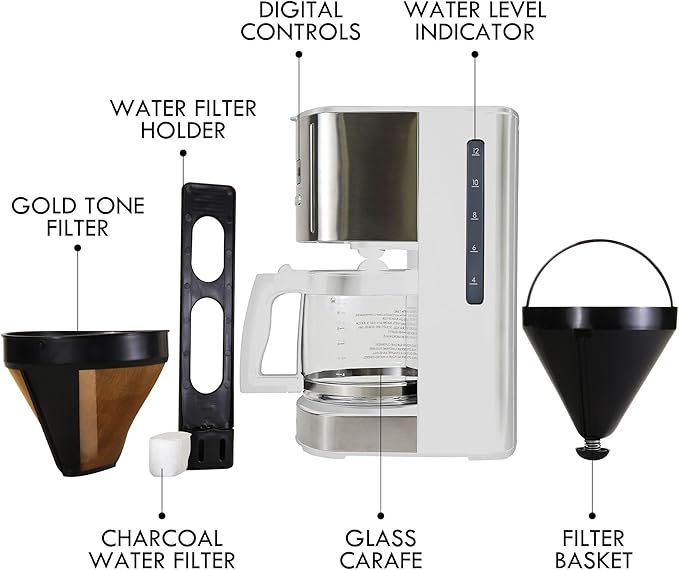Kenmore Drip Coffee Maker - 12 Cup Programmable Cafe Machine With Glass Pot Regular &amp Bold Brew Auto Shut Off Large Water Reservoir Reusable Filter Kitchen Appliances For Cafeteria Barista Wh