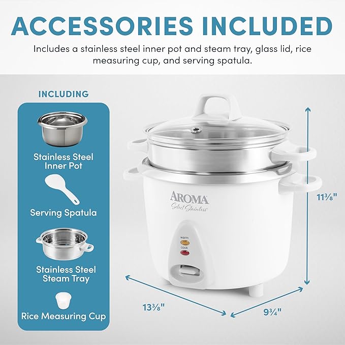 Aroma Housewares 14-Cup (Cooked) / 3Qt. Select Stainless Pot-Style Rice Cooker &amp Food Steamer One-Touch Operation Automatic Keep Warm Mode White (ARC-757-1SG)