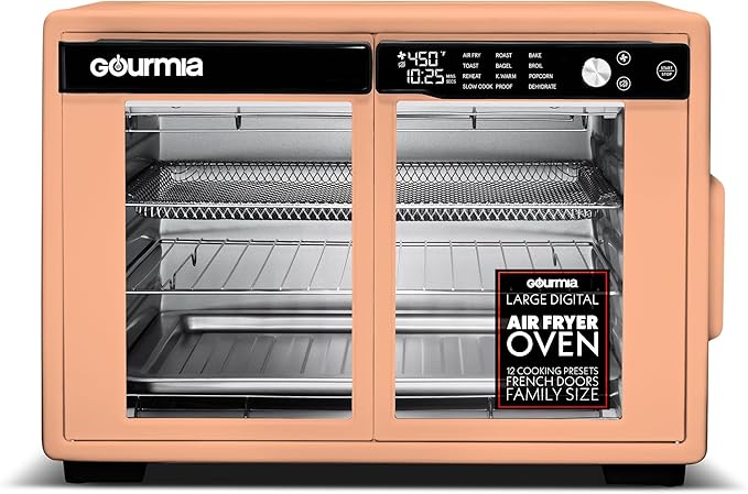 Gourmia French Door Air Fryer Oven - 37 Qt Large Capacity Convection Toaster Oven FryForce 360° Digital Display 12 Cooking Presets Dehydrate Fits 13” Pizza Dishwasher-Safe Peach
