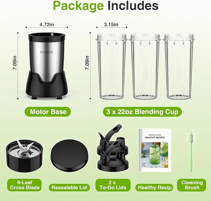 KOIOS Blender for SmoothiesPersonal Blender for Shakes and Smoothies with 3 * 22oz To-Go Cups22000 RPM Smoothie MakerDetachable 6-leaf Blade Portable Blenders for kitchenBlack
