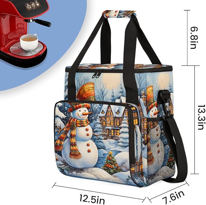 Xmas Snowman Coffee Maker Carrying Bag Bright Snowman Travel Storage Bag Compatible with K-Mini or K-Mini Plus Single Serve Coffee Brewer Carrying Case with Multiple Pockets &amp Shoulder Strap