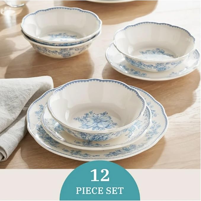 Vintage Inspired Agatha 12-Piece Stoneware Dinnerware Set (Agatha Blue)