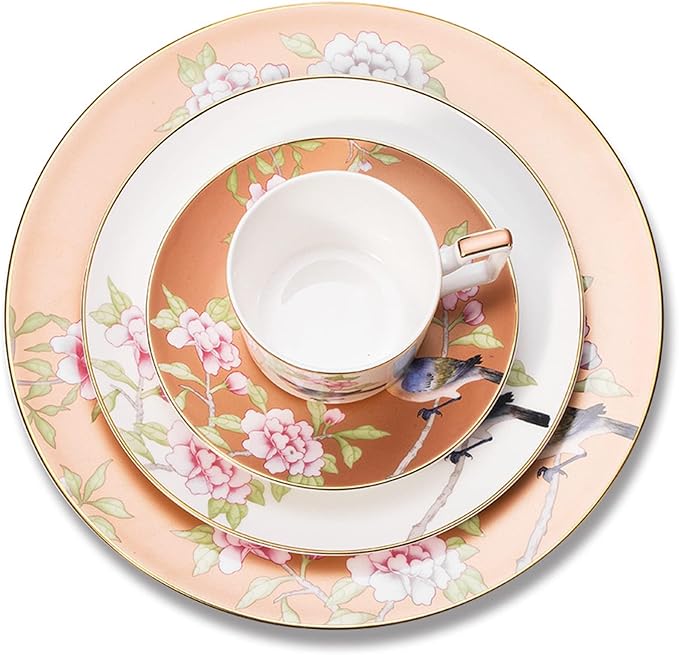 8 Piece Dinnerware Sets Round Dinner Plates Coffee Cup and Saucer Set bird and flower pattern dishes set Scratch Resistant Lead-Free Oven and Dishwasher Safe