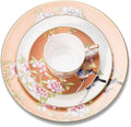 24 Piece Dinnerware Sets Round Dinner Plates Coffee Cup and Saucer Set bird and flower pattern dishes set Scratch Resistant Lead-Free Oven and Dishwasher Safe