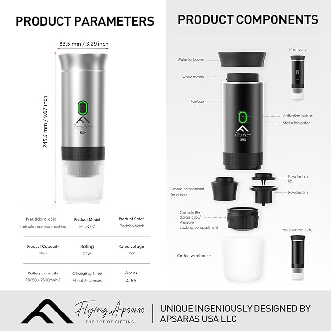 APSARAS USA Portable Coffee Maker Portable Espresso Maker 20 bar Mini Espresso Machine 3in1 Electric Espresso Maker Travel Coffee Maker with Ground Coffee &amp Capsule(Ns&ampDG) for RV Camping